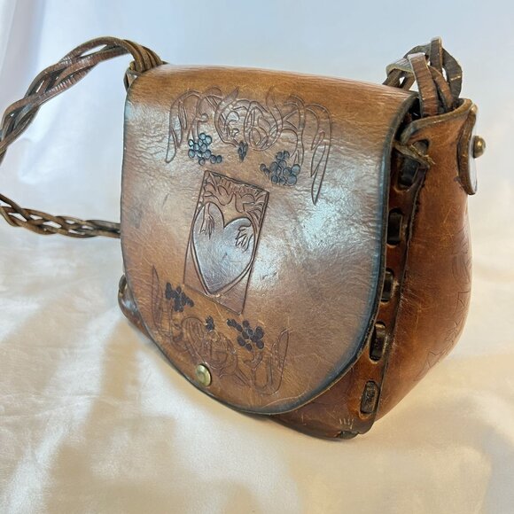 Rare Retro / Boho Rustic Hand Tooled 1970’s Heart & Floral Design Hippie Bag - Picture 6 of 10